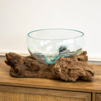 Extra Large Molten Glass Fruit Bowl On Teak Root Stand