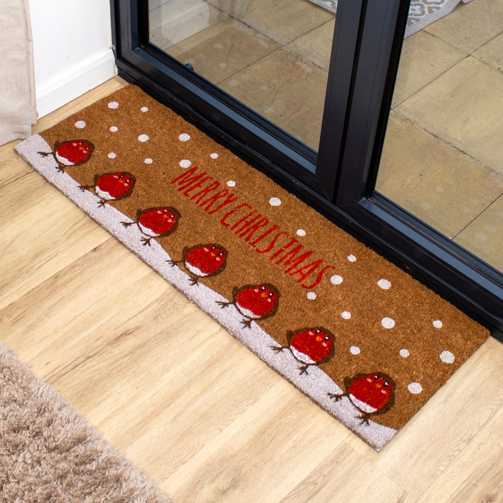 Merry Christmas Snowy Robins Extra Long Doormat