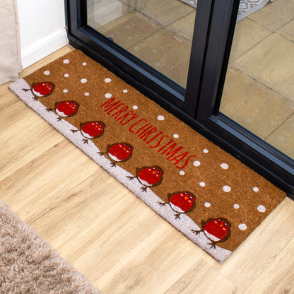 Merry Christmas Snowy Robins Extra Long Doormat