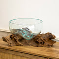 Extra Large Molten Glass Fruit Bowl On Teak Root Stand