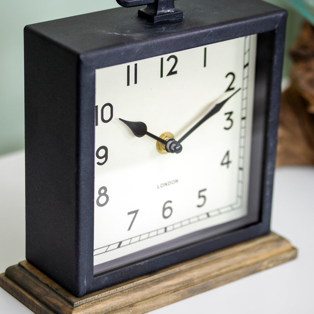 Metal Mantel Clock With Wood Base
