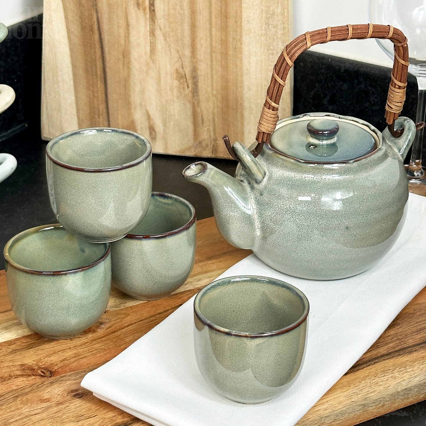 5 Piece Green Reactive Glaze Teapot And Cup Set