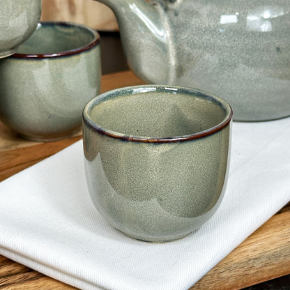 5 Piece Green Reactive Glaze Teapot And Cup Set