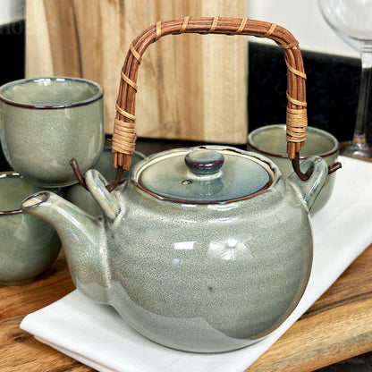 5 Piece Green Reactive Glaze Teapot And Cup Set