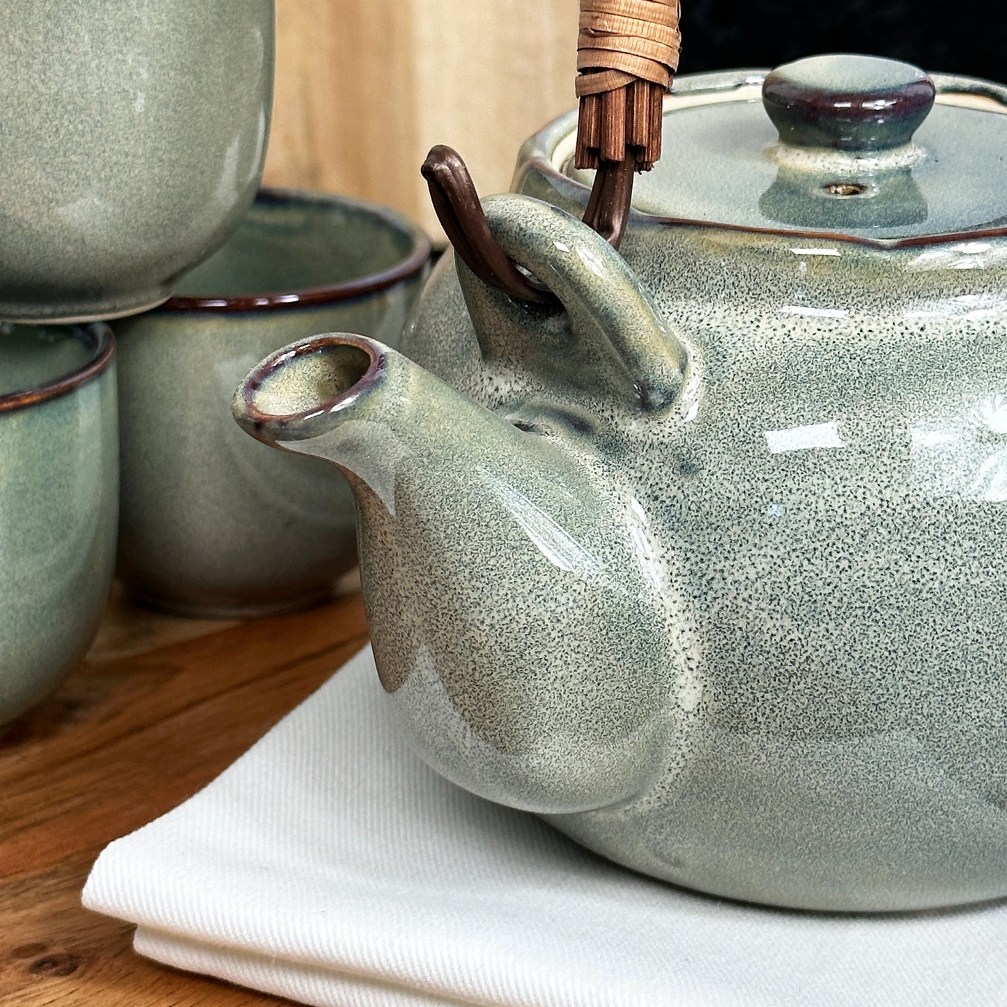 5 Piece Green Reactive Glaze Teapot And Cup Set