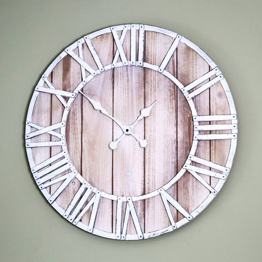Industrial White Metal And Wood Wall Clock