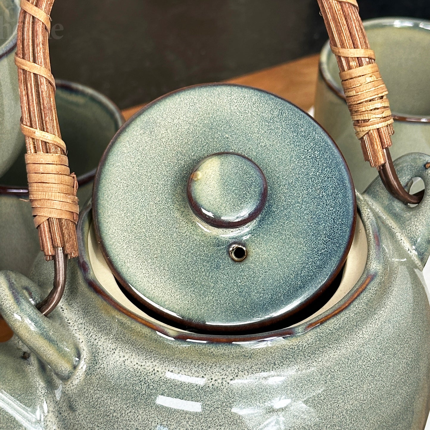 5 Piece Green Reactive Glaze Teapot And Cup Set