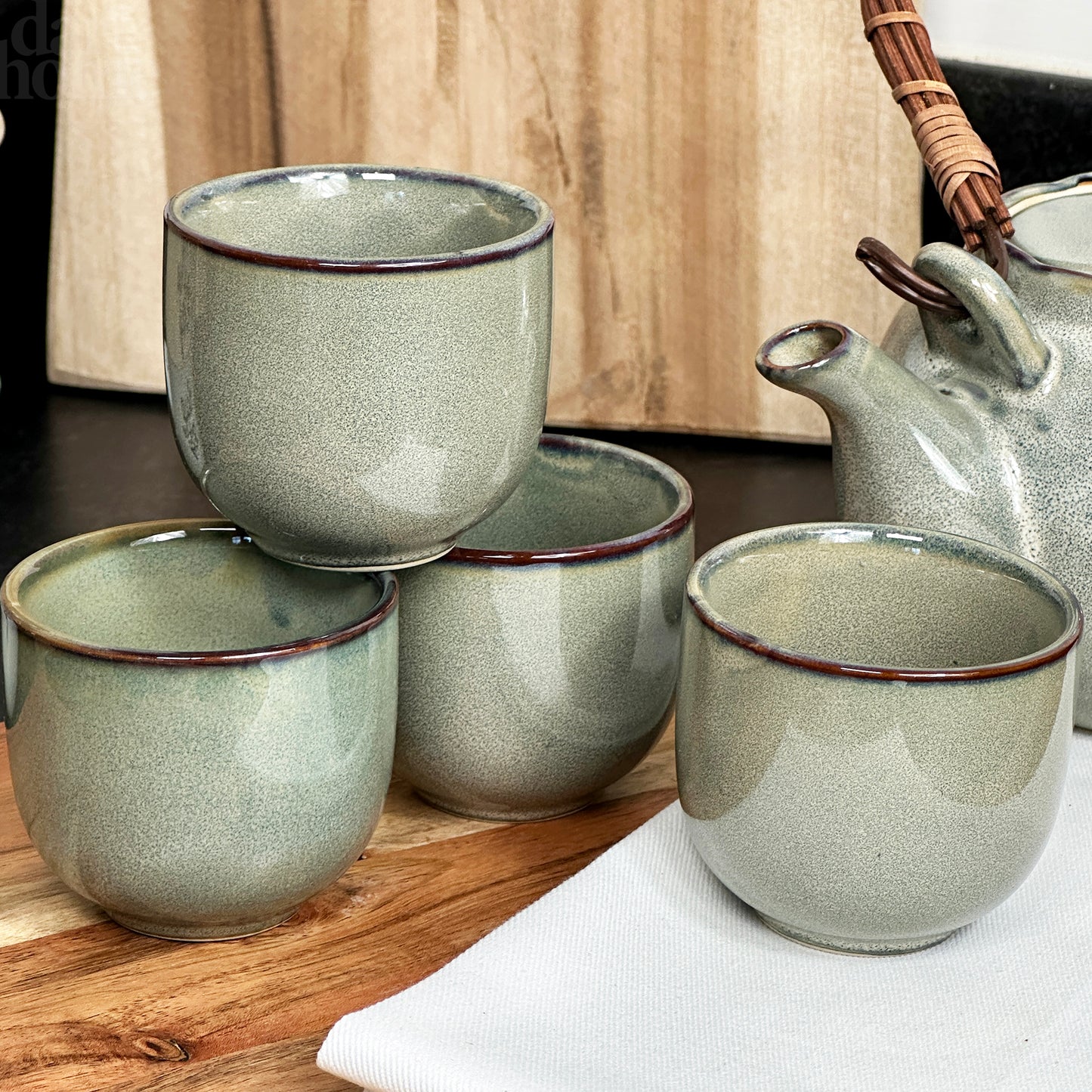 5 Piece Green Reactive Glaze Teapot And Cup Set