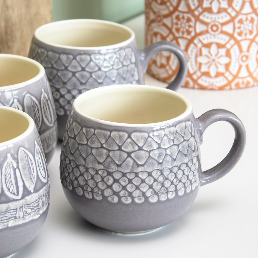 Set Of 4 Grey Embossed Patterned Mugs