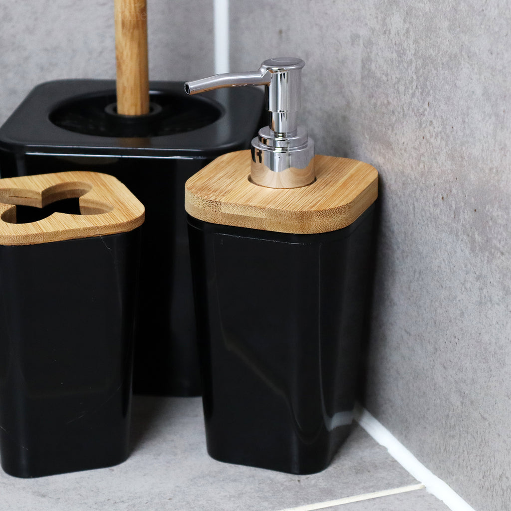 5 Piece Black And Bamboo Bathroom Set