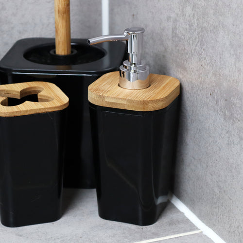 5 Piece Black And Bamboo Bathroom Set