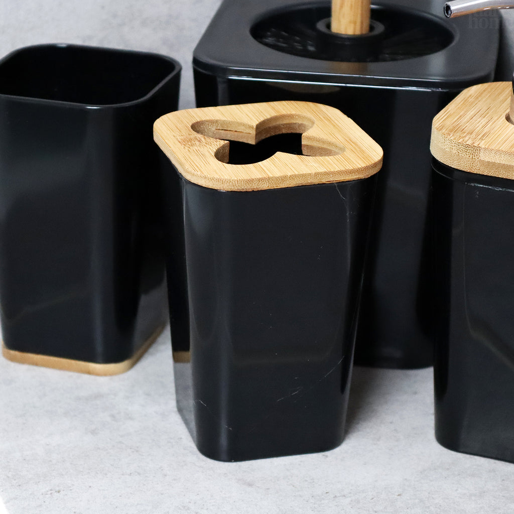 5 Piece Black And Bamboo Bathroom Set