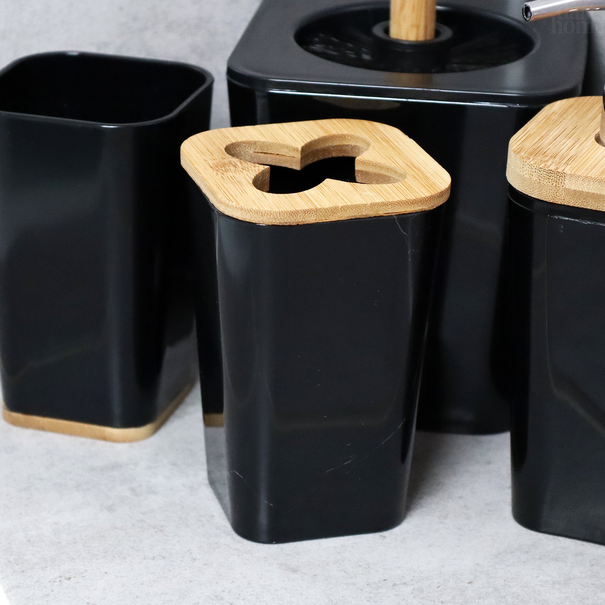 5 Piece Black And Bamboo Bathroom Set