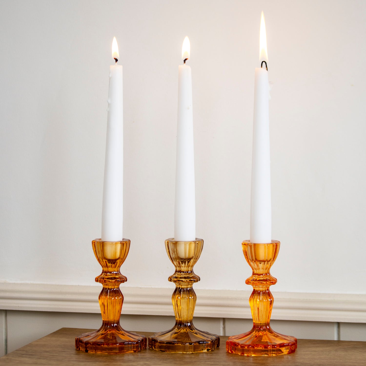 Set Of 3 Amber Glass Candlestick Holders