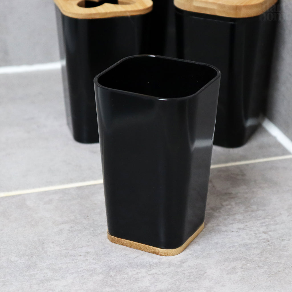 5 Piece Black And Bamboo Bathroom Set