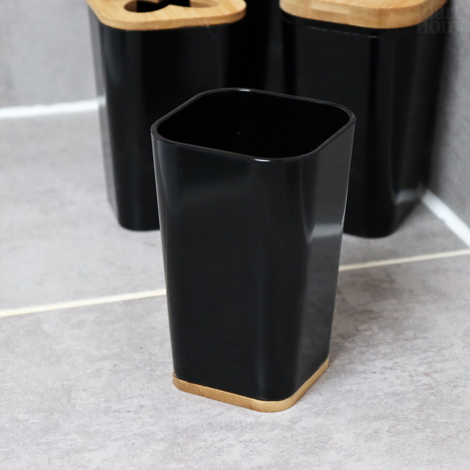 5 Piece Black And Bamboo Bathroom Set