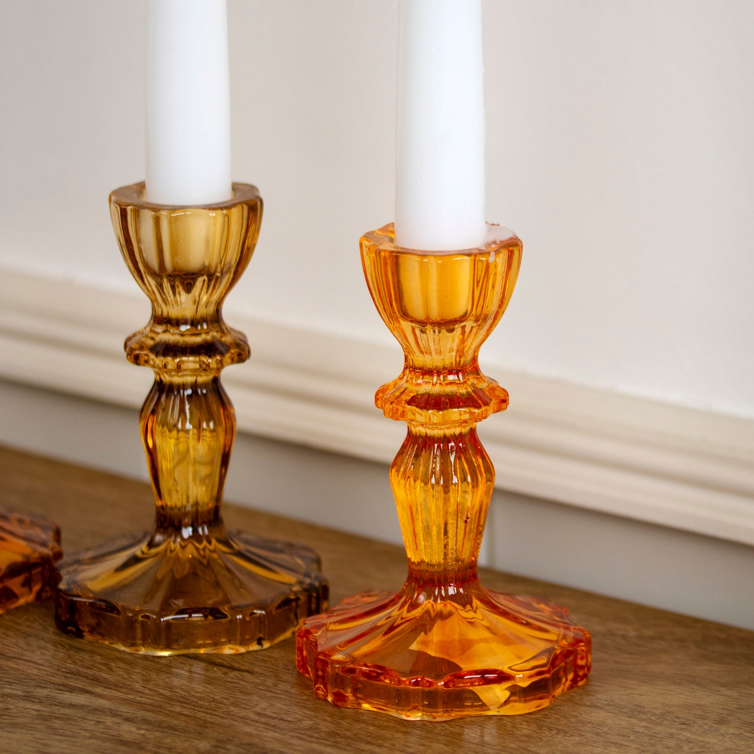 Set Of 3 Amber Glass Candlestick Holders