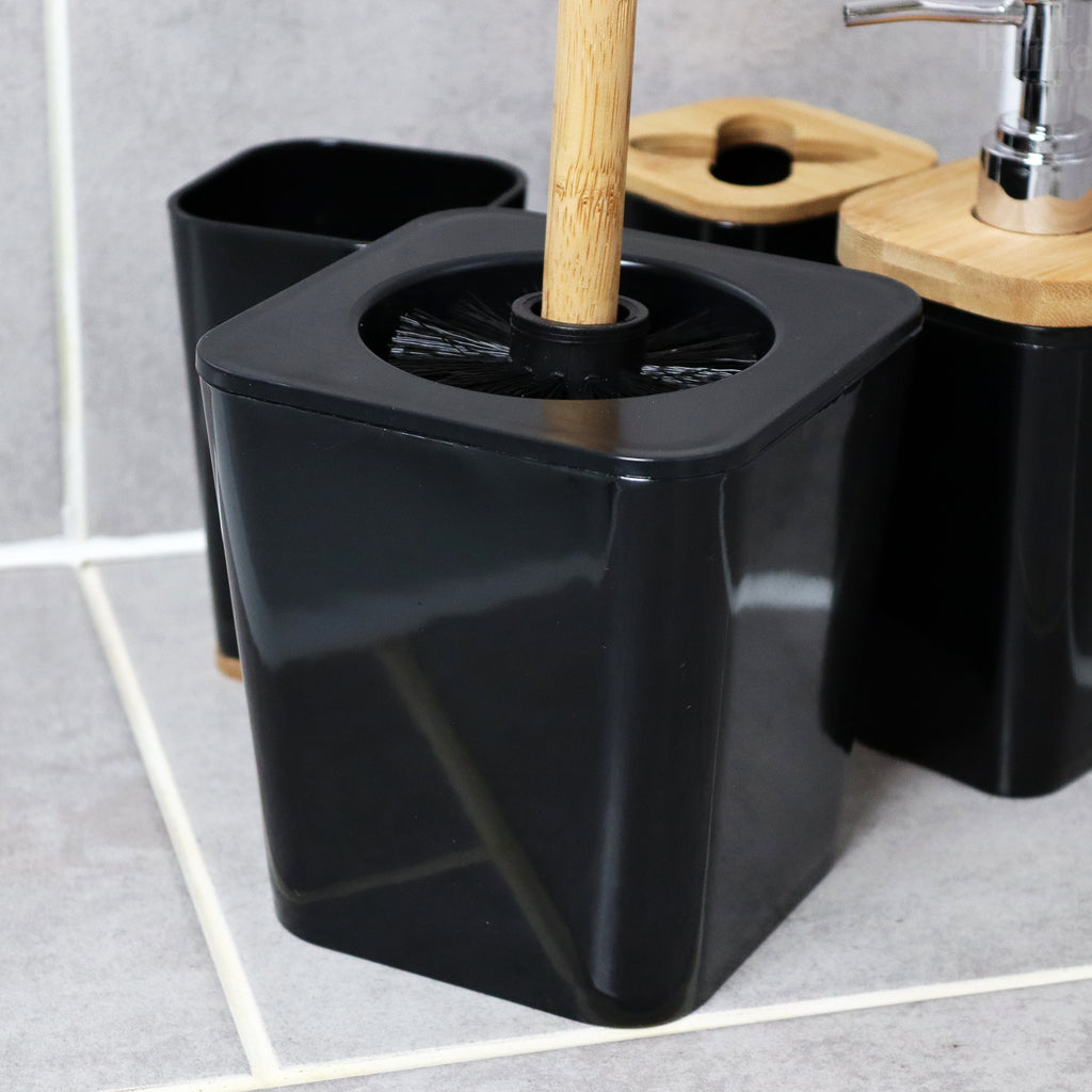 5 Piece Black And Bamboo Bathroom Set