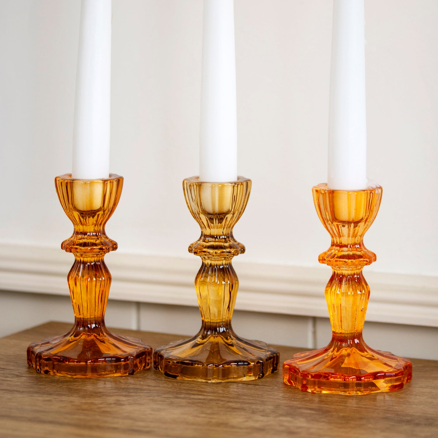 Set Of 3 Amber Glass Candlestick Holders