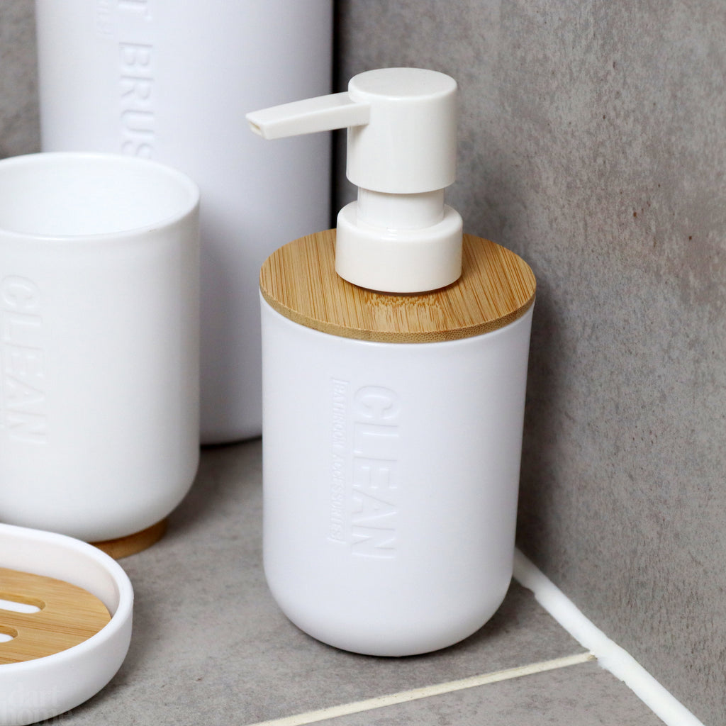 5 Piece White And Bamboo Bathroom Set