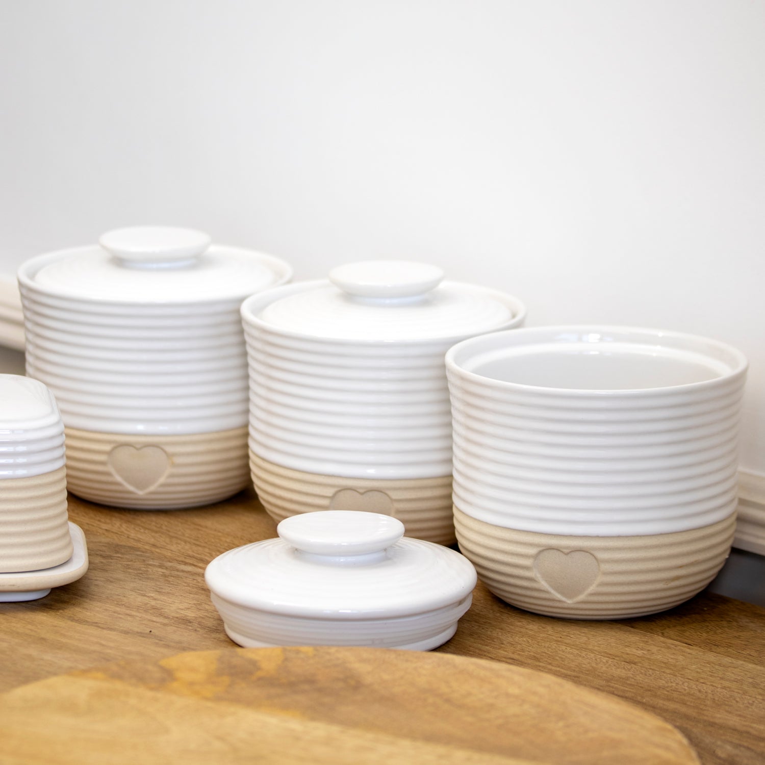Set Of 3 Rustic Ribbed Love Heart Storage Jars