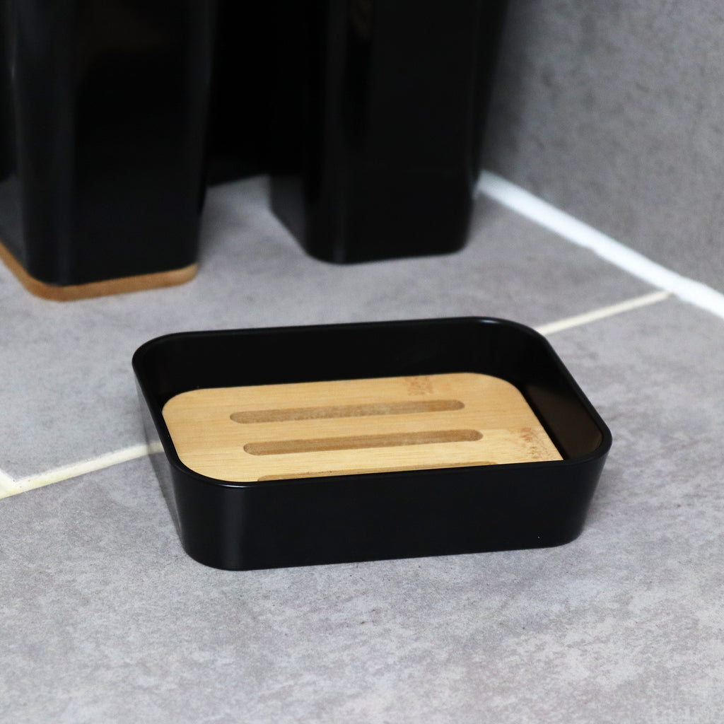 5 Piece Black And Bamboo Bathroom Set