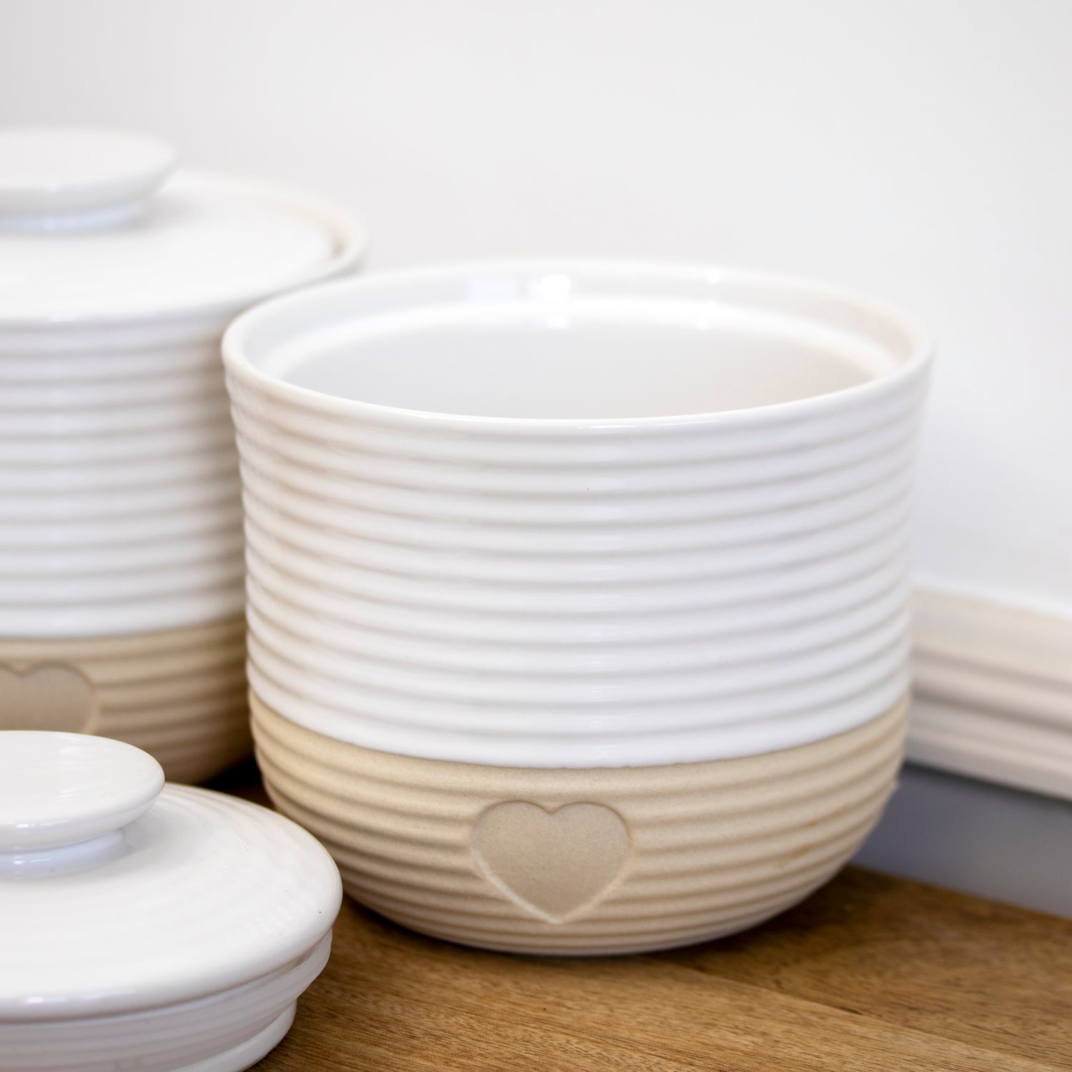 Set Of 3 Rustic Ribbed Love Heart Storage Jars