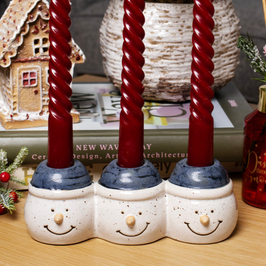 Blue Snowman Triple Candlestick Holder