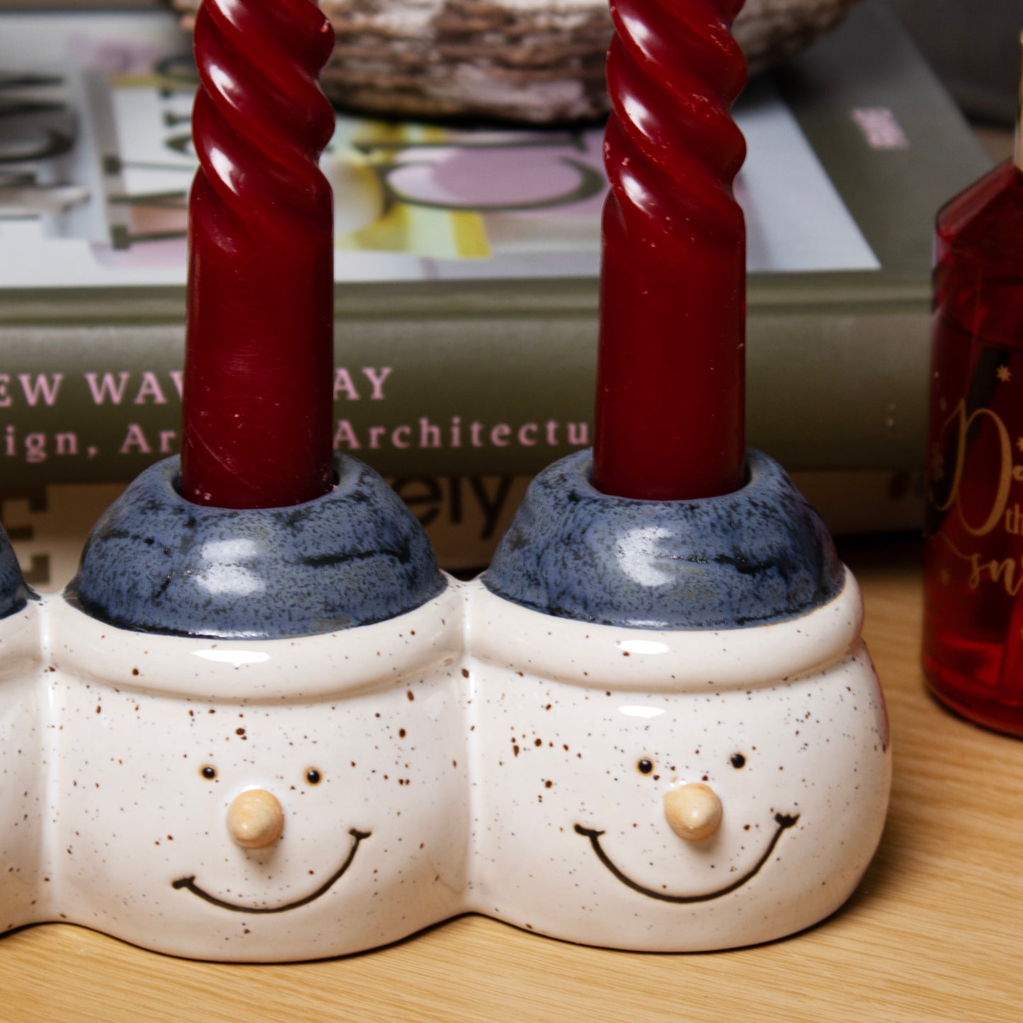 Blue Snowman Triple Candlestick Holder