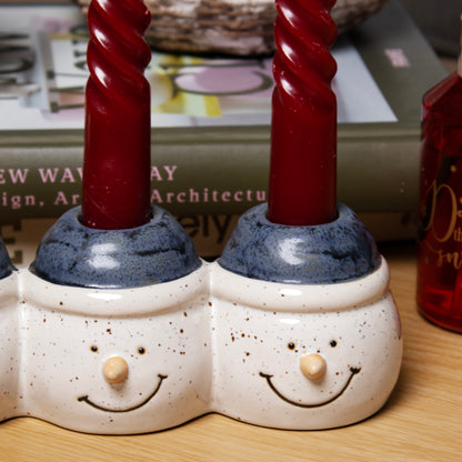 Blue Snowman Triple Candlestick Holder