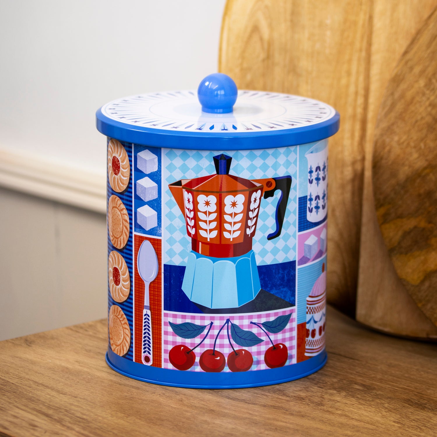 Blue & Red Cafetiere Biscuit Storage Tin