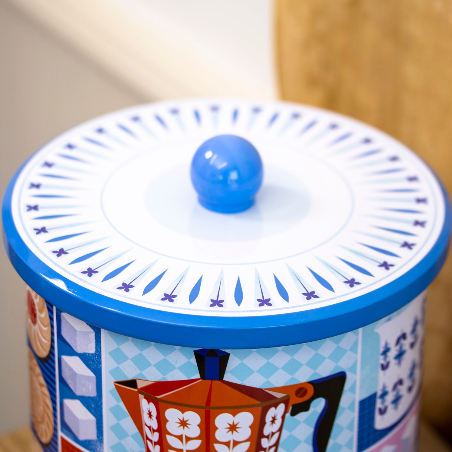 Blue & Red Cafetiere Biscuit Storage Tin