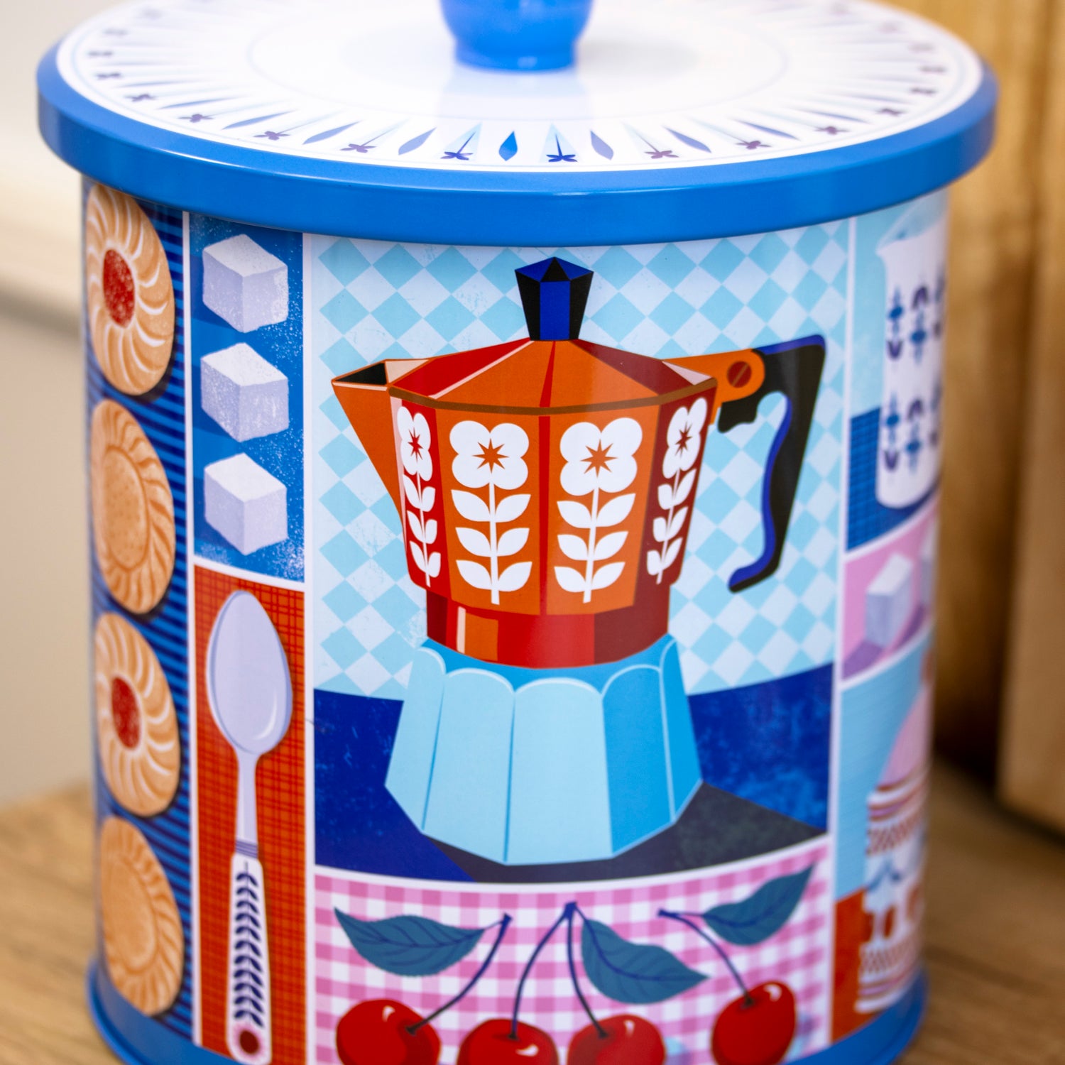 Blue & Red Cafetiere Biscuit Storage Tin