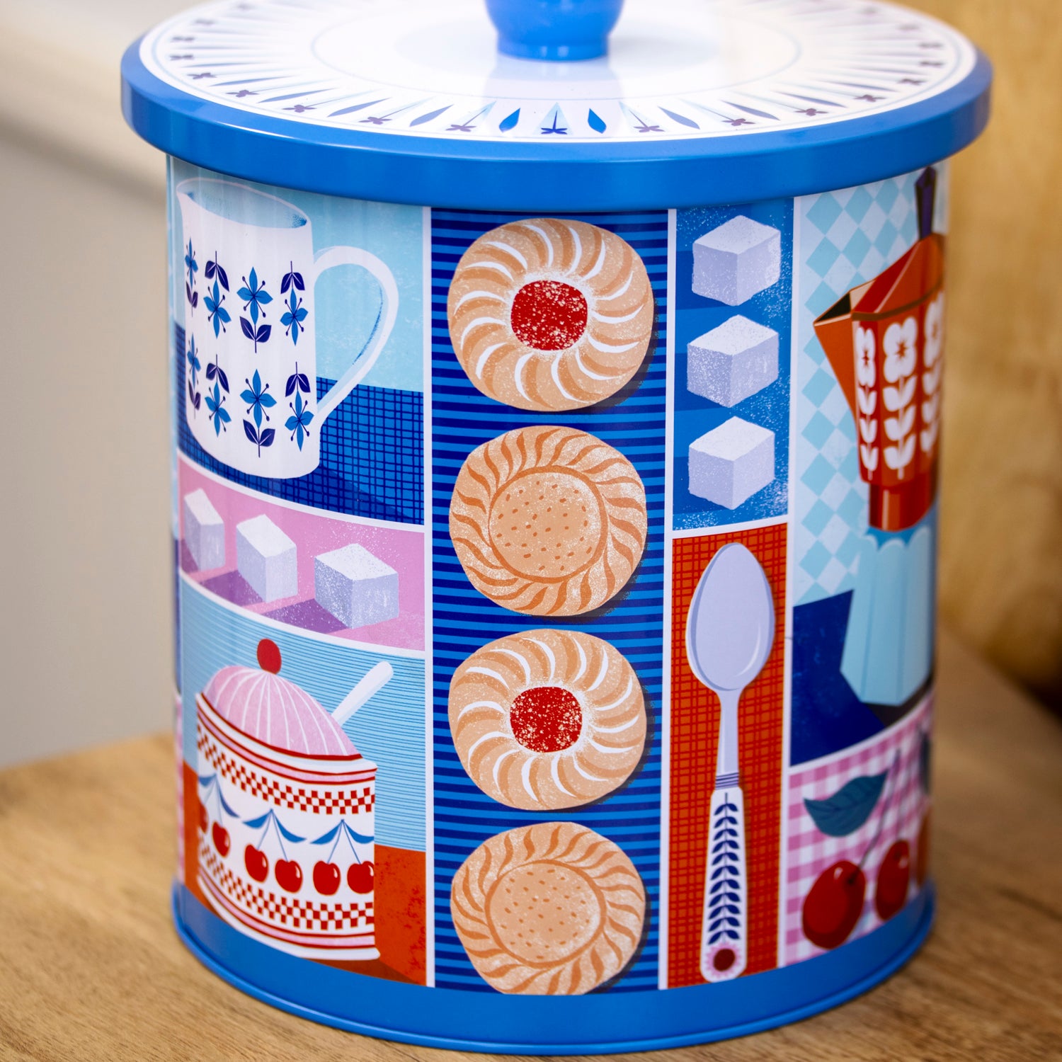 Blue & Red Cafetiere Biscuit Storage Tin