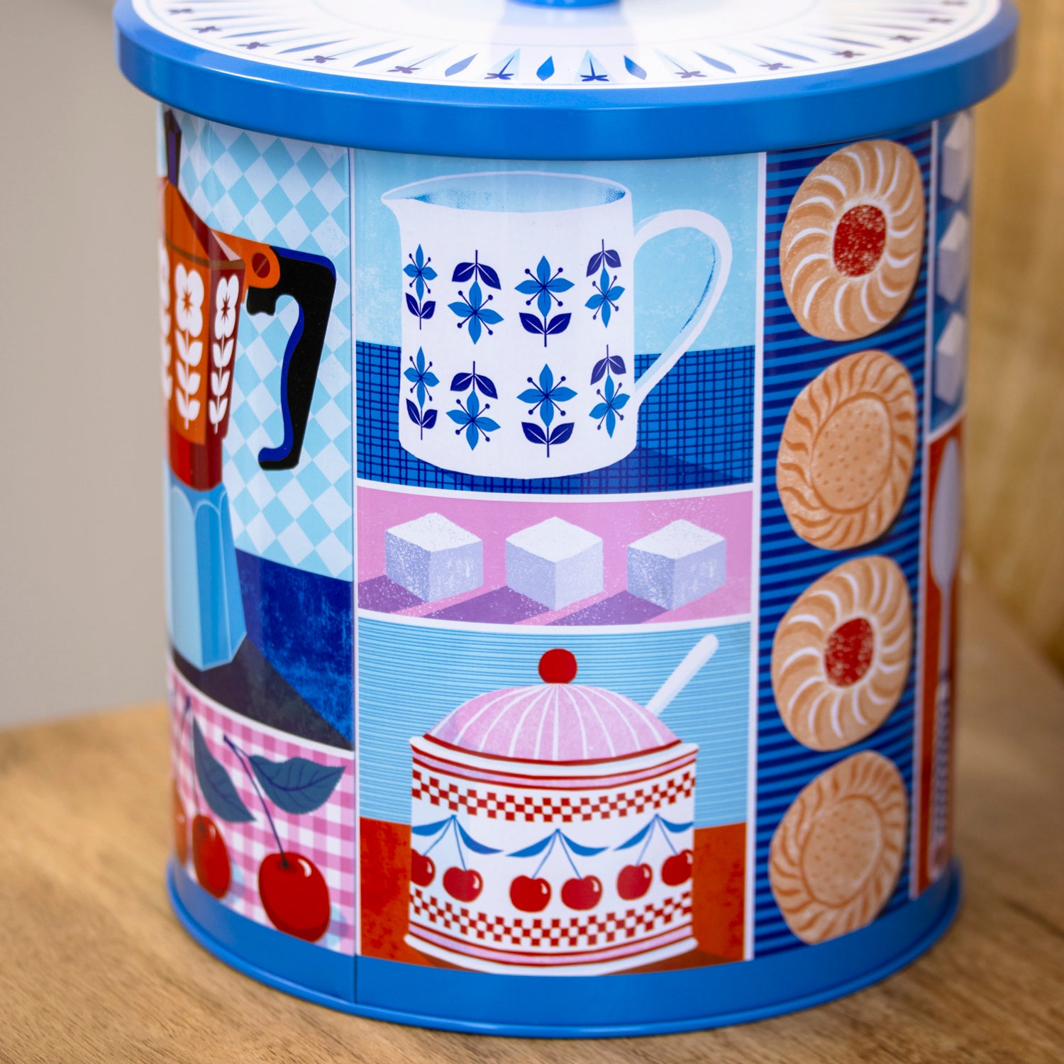 Blue & Red Cafetiere Biscuit Storage Tin