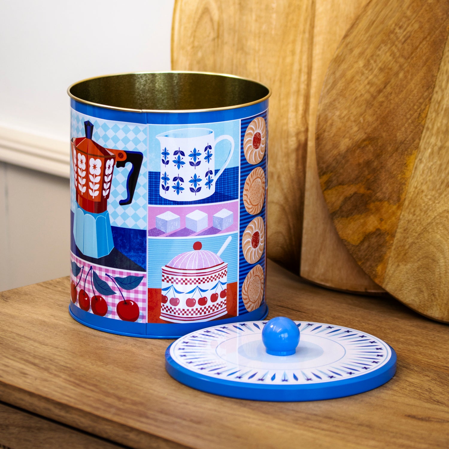 Blue & Red Cafetiere Biscuit Storage Tin