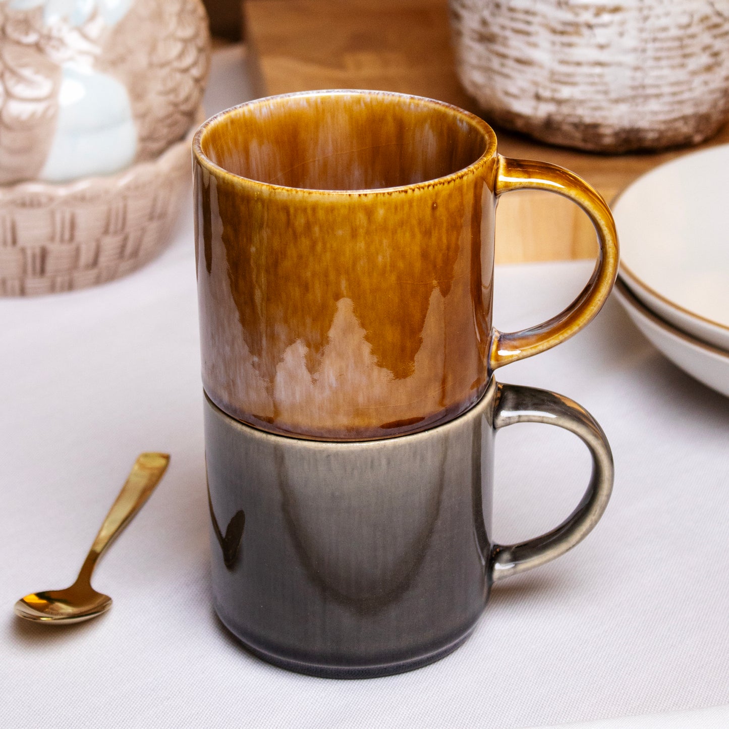 Set Of 2 Brown & Black Reactive Glaze Mugs