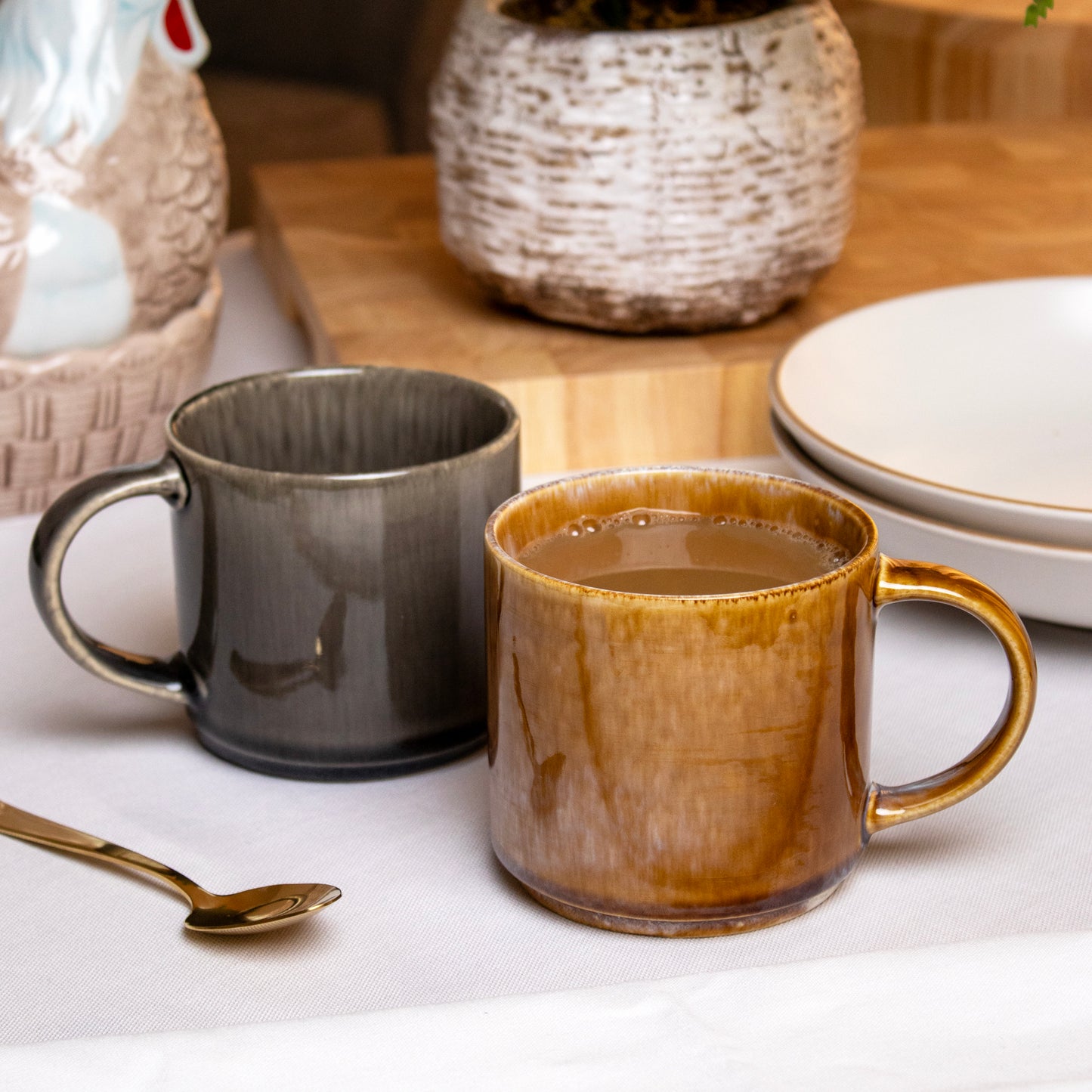 Set Of 2 Brown & Black Reactive Glaze Mugs