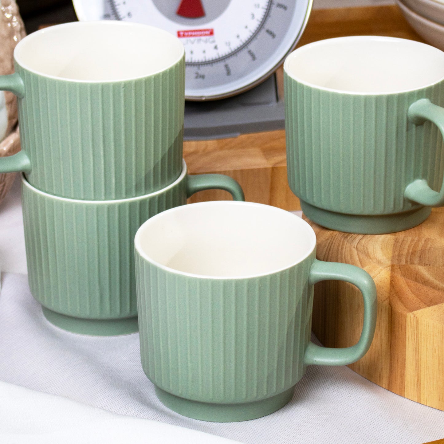 Set Of 4 Sage Green Embossed Lines Mugs