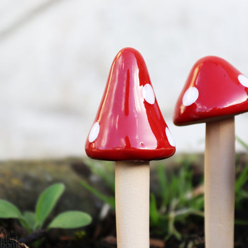 Set Of 12 Mini Red Ceramic Toadstool Stakes