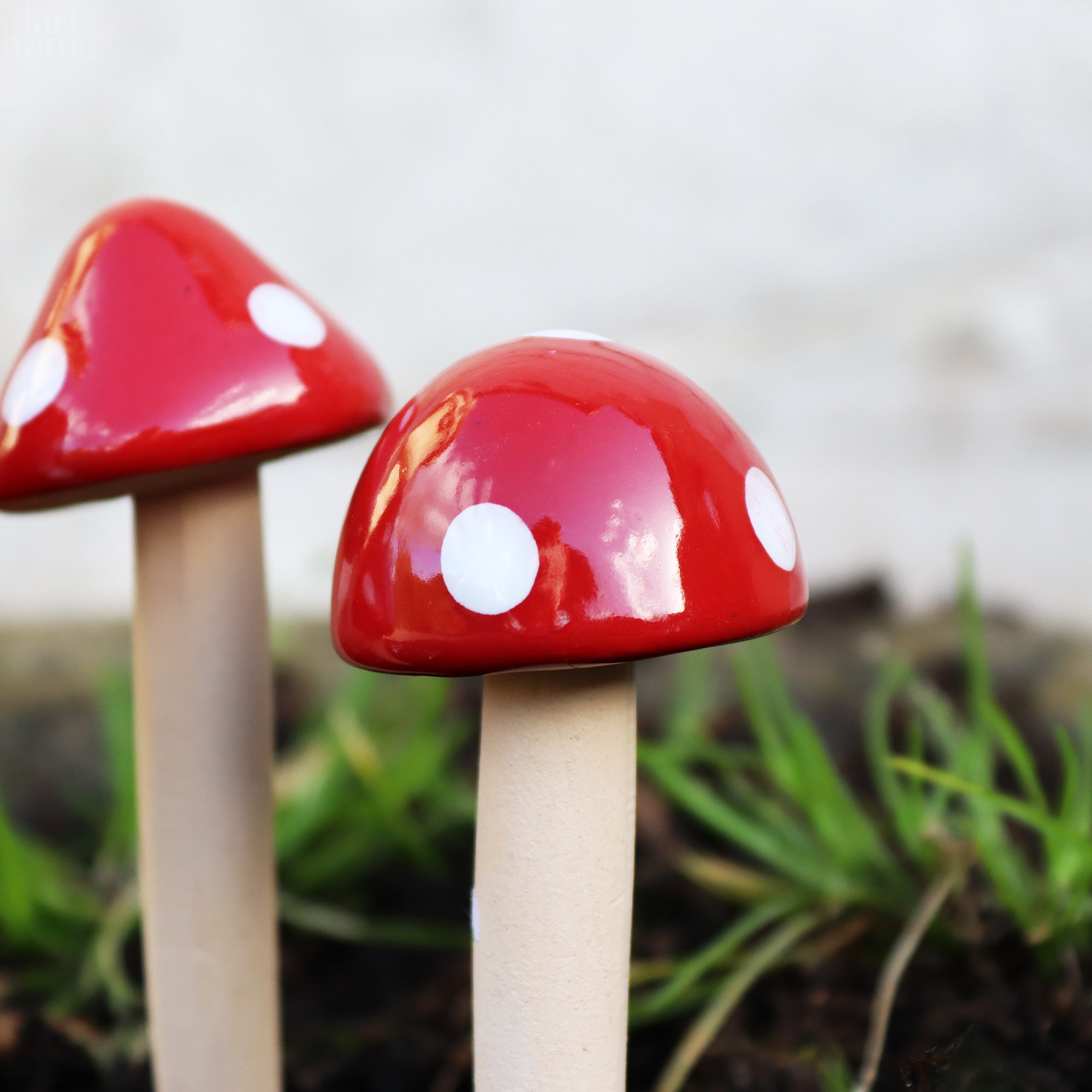 Set Of 12 Mini Red Ceramic Toadstool Stakes