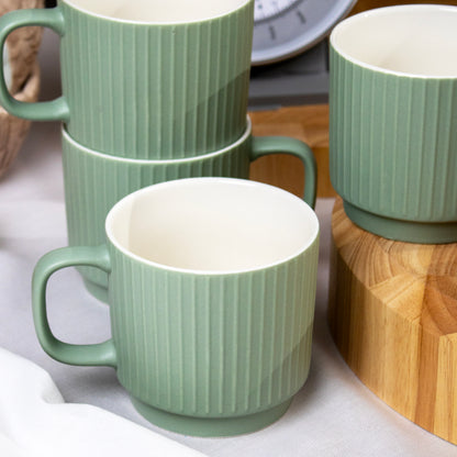 Set Of 4 Sage Green Embossed Lines Mugs