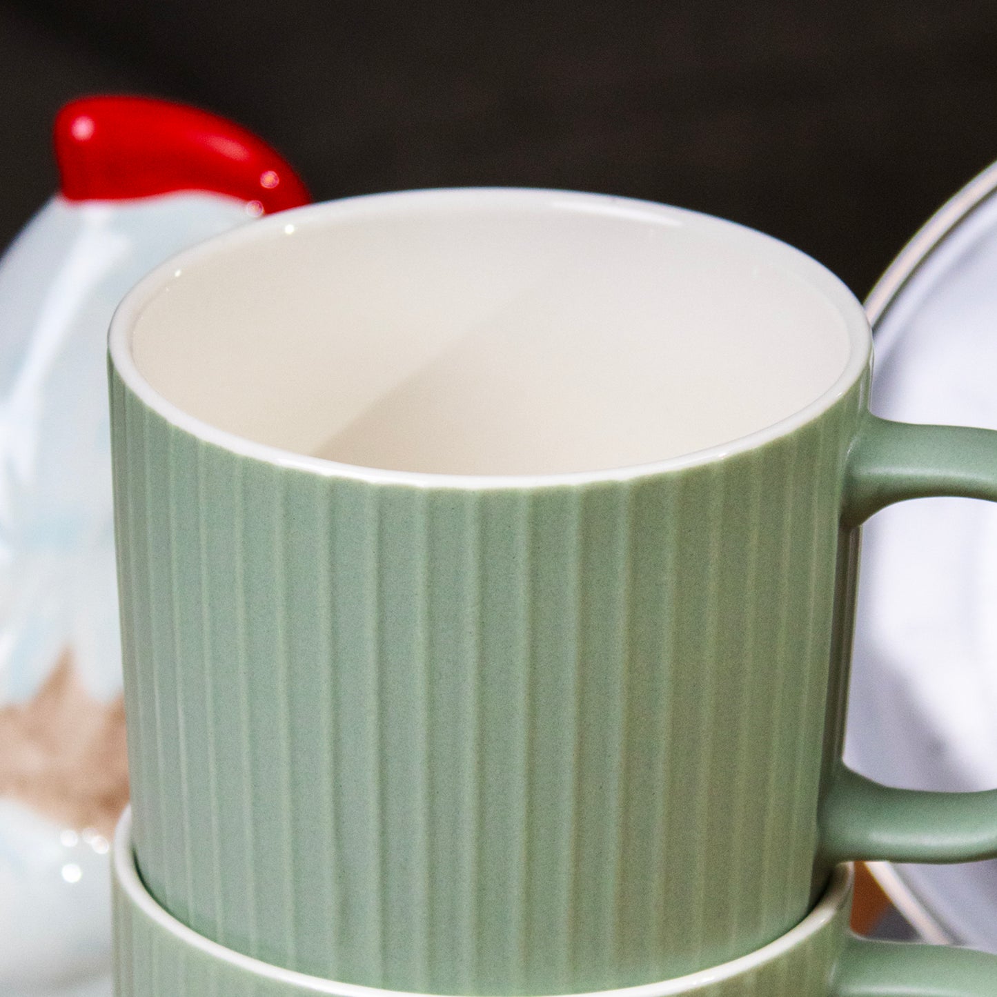 Set Of 4 Sage Green Embossed Lines Mugs