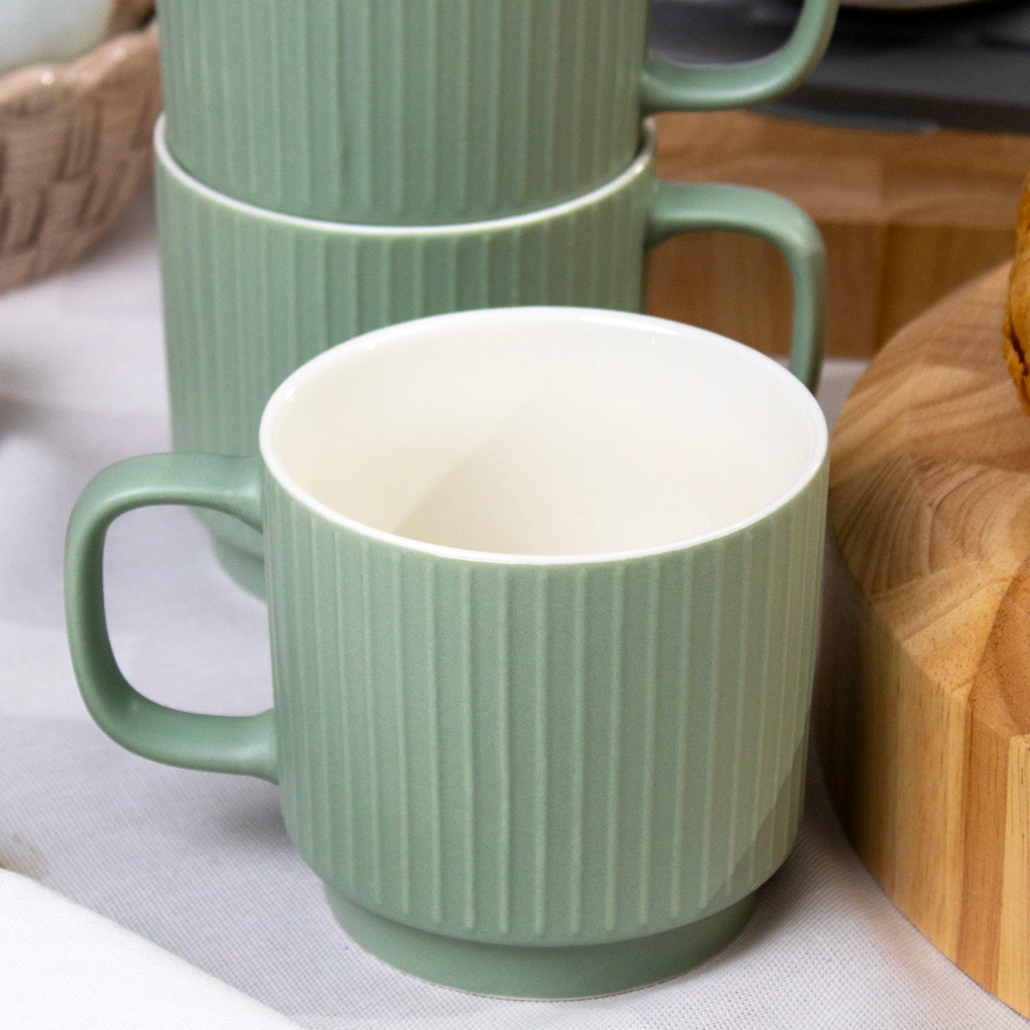 Set Of 4 Sage Green Embossed Lines Mugs