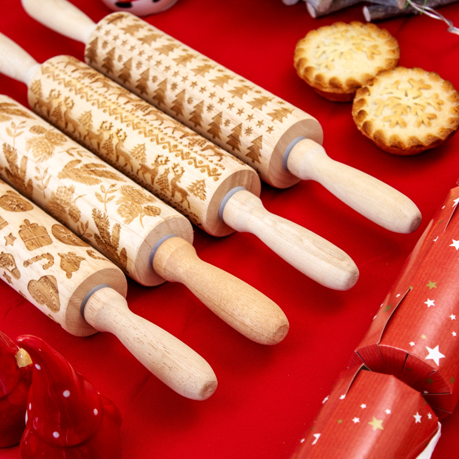 Set Of 4 Embossed Christmas Rolling Pins