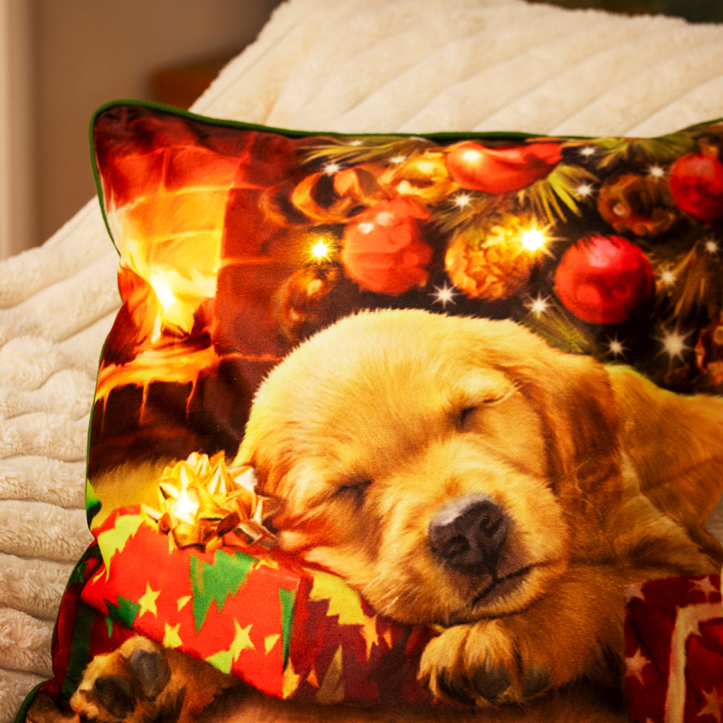 Light Up Christmas Sleeping Puppy Cushion
