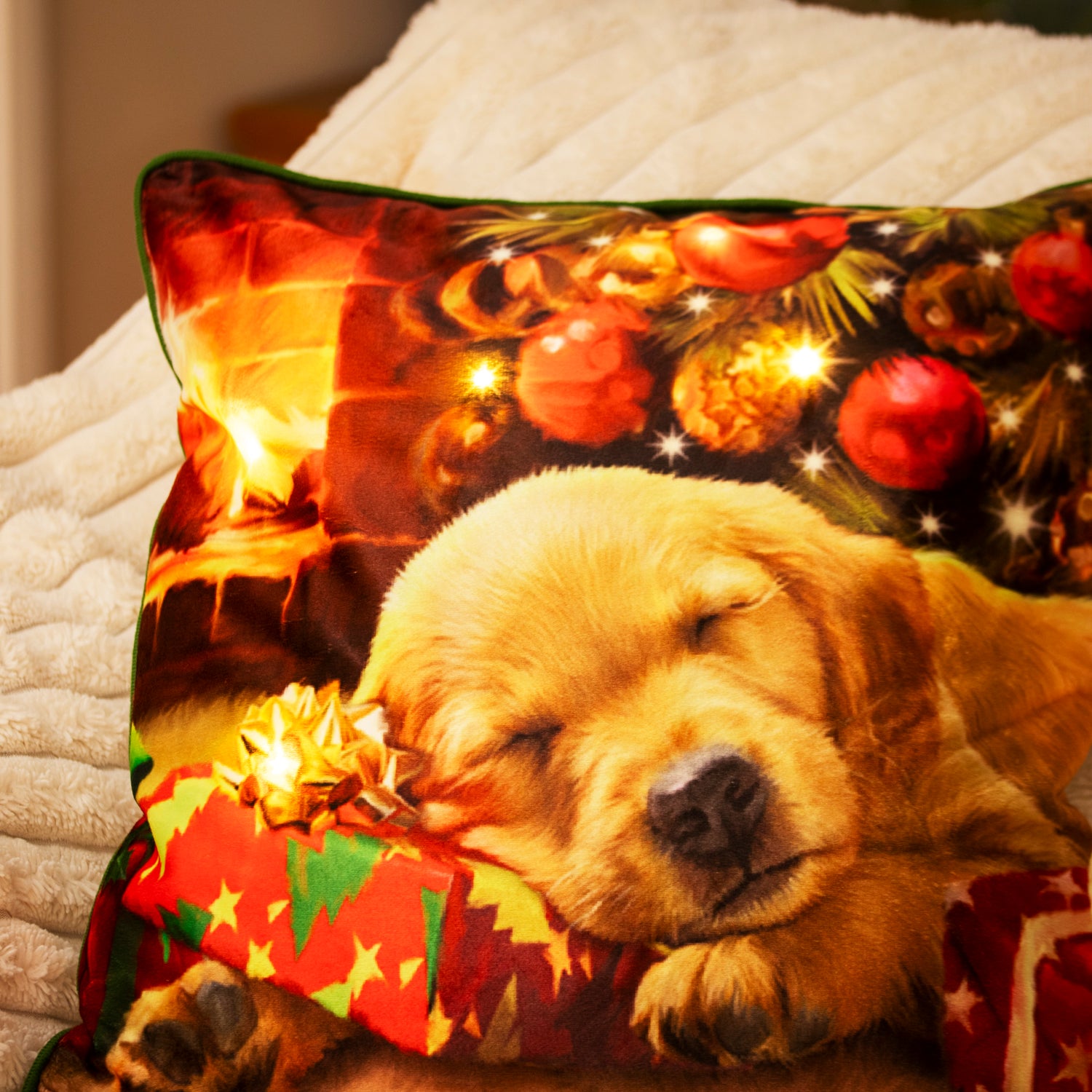 Light Up Christmas Sleeping Puppy Cushion
