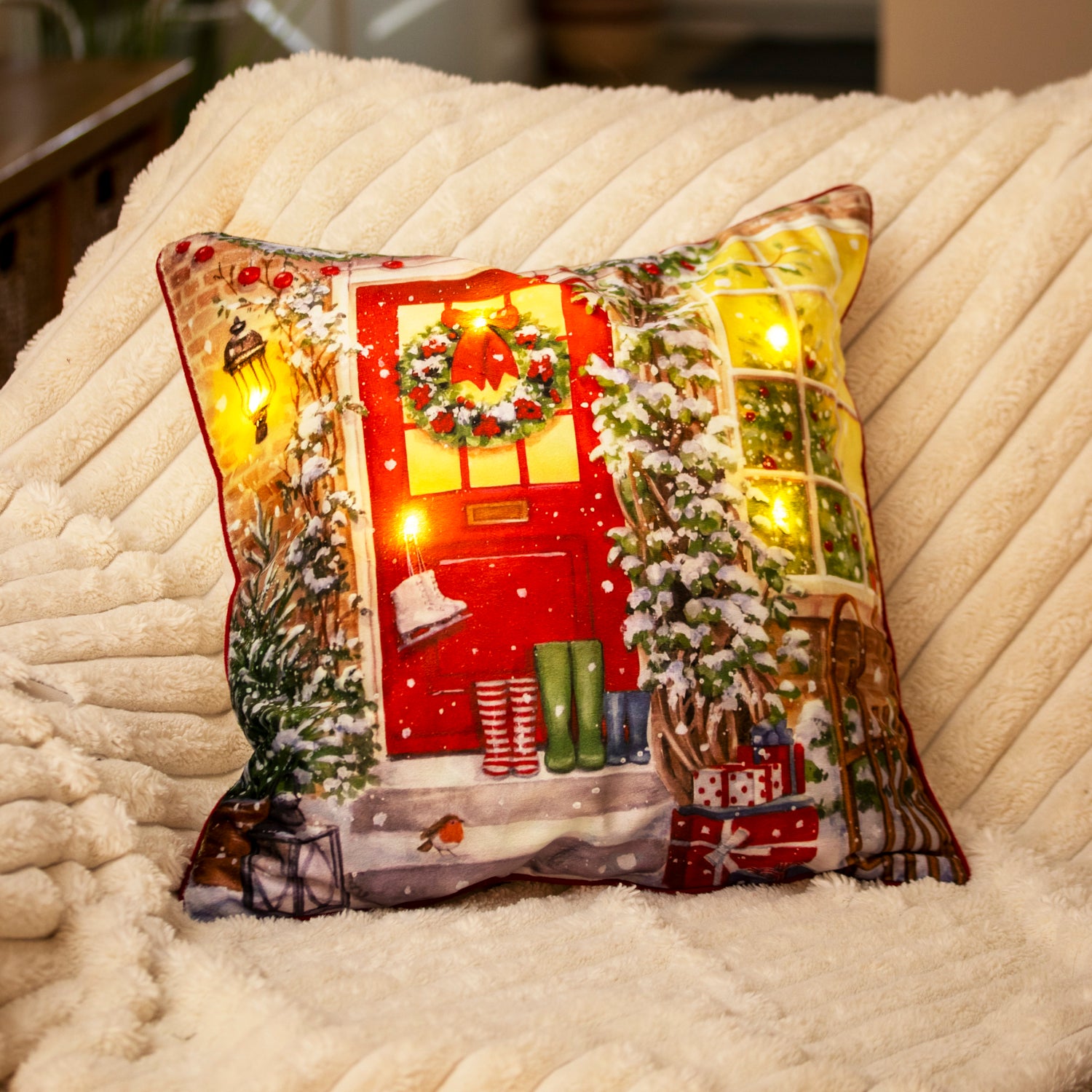 Light Up Traditional Christmas Scene Cushion