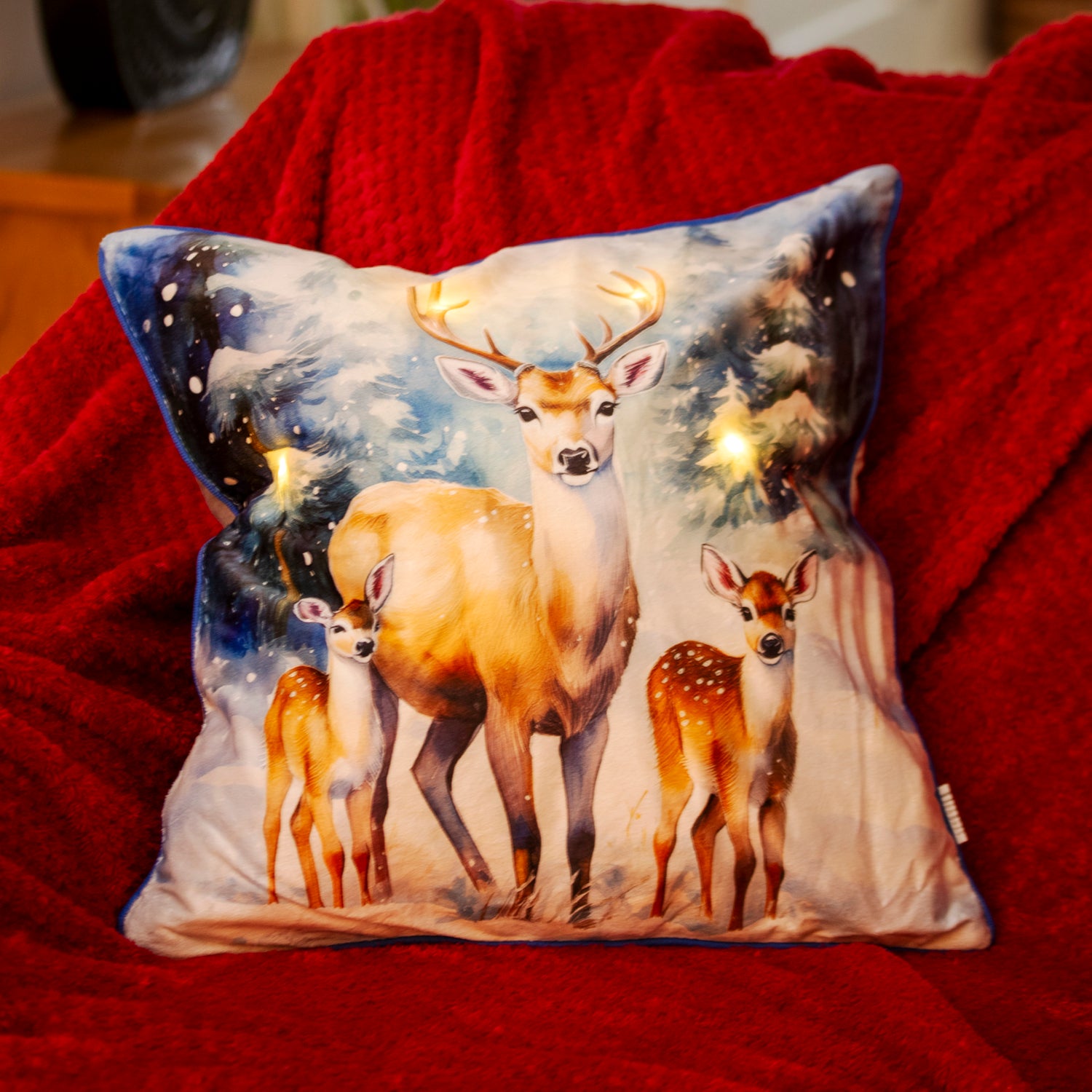Light Up Christmas Forest Deer Family Cushion