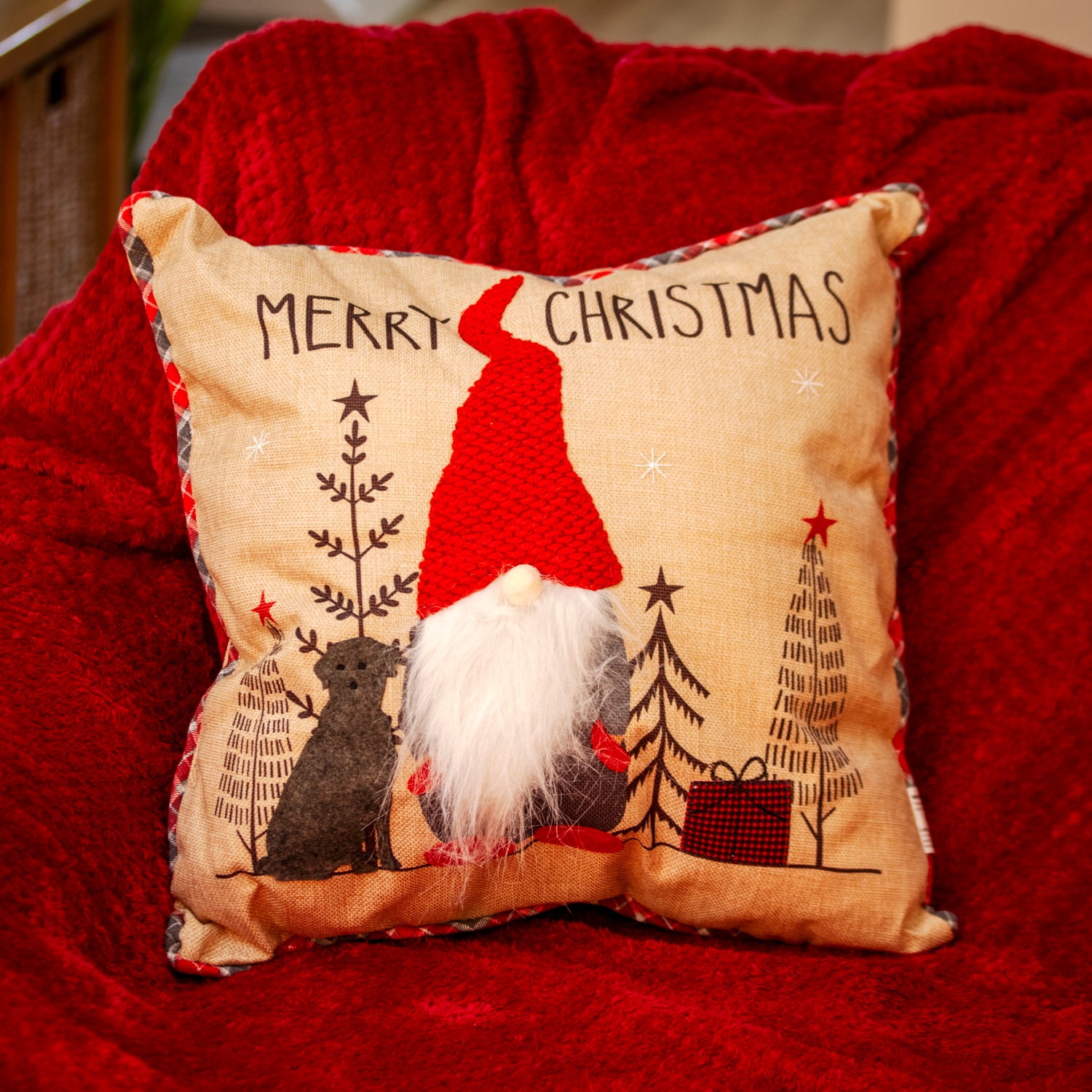 Hessian Tartan Christmas Gnome Cushion